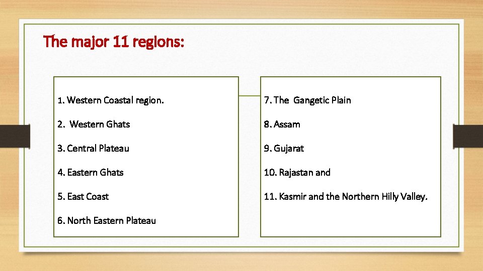 The major 11 regions: 1. Western Coastal region. 7. The Gangetic Plain 2. Western