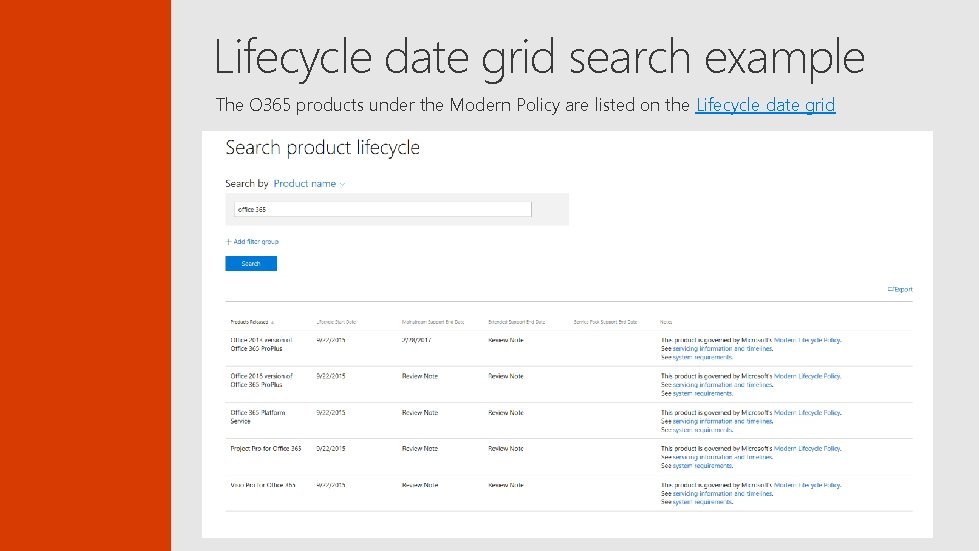 Lifecycle date grid search example The O 365 products under the Modern Policy are