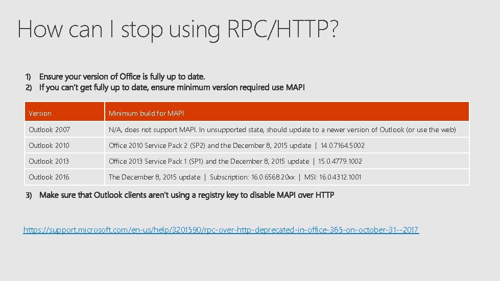 How can I stop using RPC/HTTP? Version Minimum build for MAPI Outlook 2007 N/A,