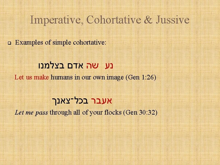 Imperative, Cohortative & Jussive q Examples of simple cohortative: נע שה אדם בצלמנו Let