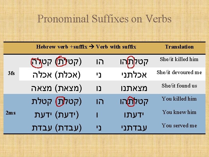 Pronominal Suffixes on Verbs Hebrew verb +suffix Verb with suffix 3 fs 2 ms