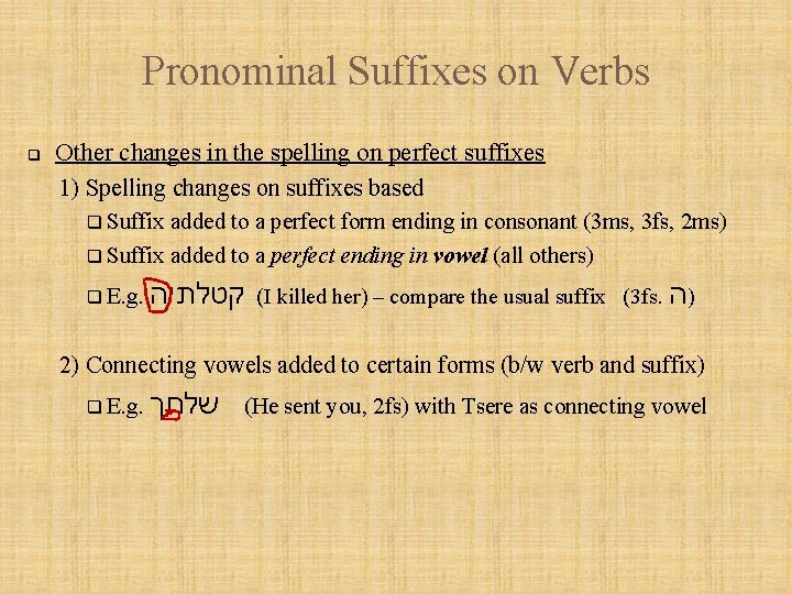 Pronominal Suffixes on Verbs q Other changes in the spelling on perfect suffixes 1)
