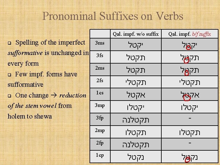 Pronominal Suffixes on Verbs q Spelling of the imperfect sufformative is unchanged in every