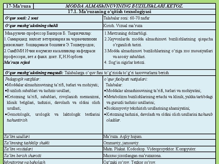 17 -Ma’ruza MODDA ALMASh. INUVINING BUZILISh. LARI. KETOZ. 17. 1. Ma’ruzaning o‘qitish texnologiyasi O‘quv