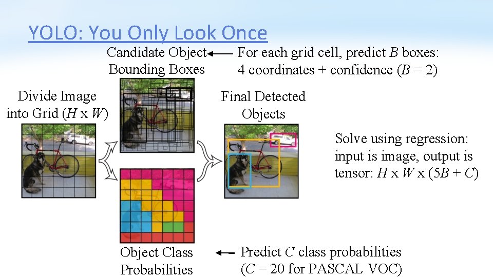 YOLO: You Only Look Once Candidate Object Bounding Boxes Divide Image into Grid (H