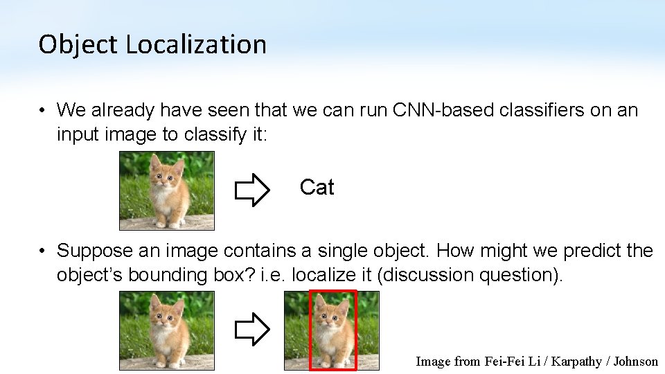 Object Localization • We already have seen that we can run CNN-based classifiers on