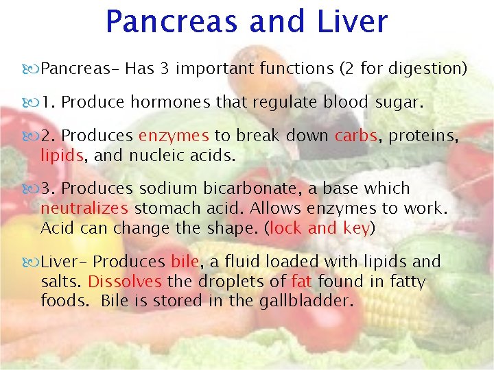 Pancreas and Liver Pancreas- Has 3 important functions (2 for digestion) 1. Produce hormones Pancreas and Liver Pancreas- Has 3 important functions (2 for digestion) 1. Produce hormones