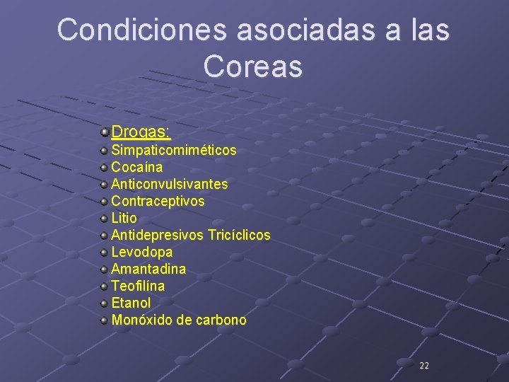 Condiciones asociadas a las Coreas Drogas: Simpaticomiméticos Cocaína Anticonvulsivantes Contraceptivos Litio Antidepresivos Tricíclicos Levodopa