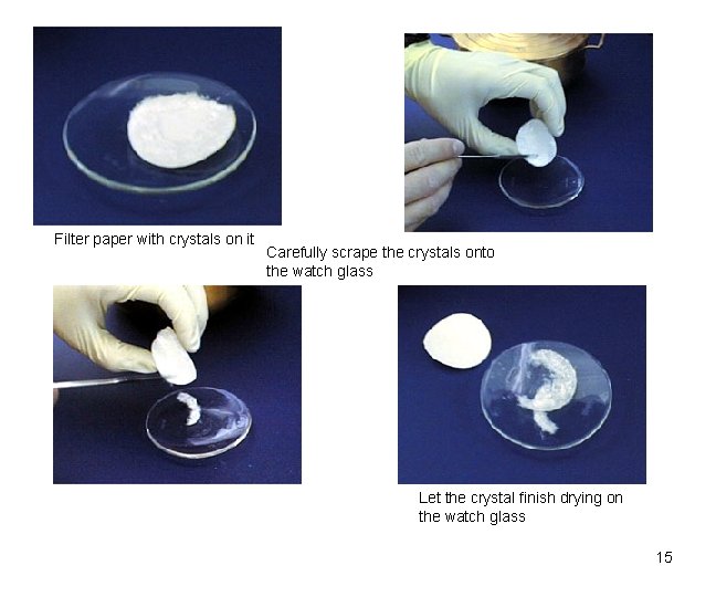 Filter paper with crystals on it Carefully scrape the crystals onto the watch glass