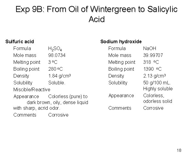 Exp 9 B: From Oil of Wintergreen to Salicylic Acid Sulfuric acid Formula H