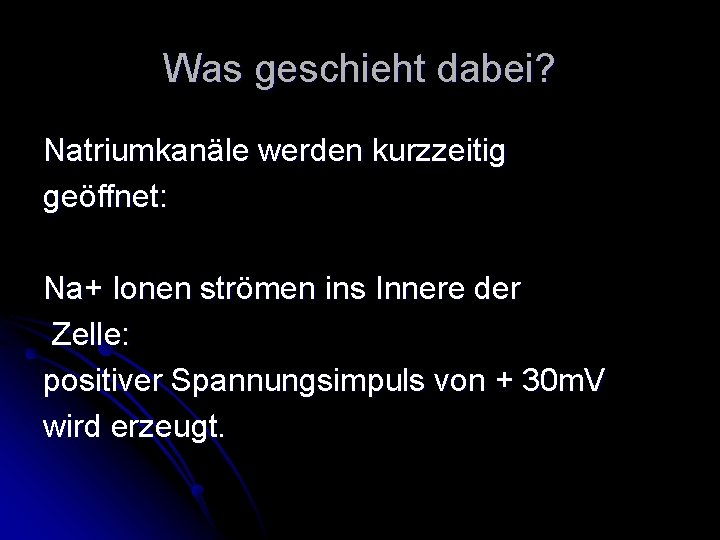 Was geschieht dabei? Natriumkanäle werden kurzzeitig geöffnet: Na+ Ionen strömen ins Innere der Zelle: