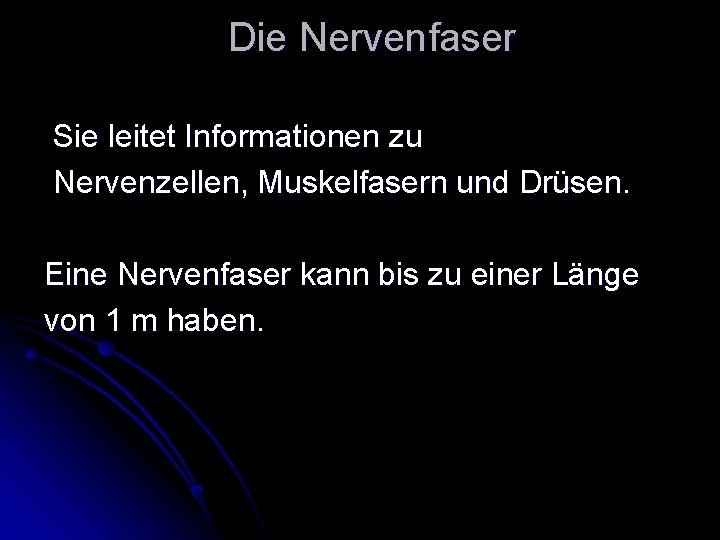 Die Nervenfaser Sie leitet Informationen zu Nervenzellen, Muskelfasern und Drüsen. Eine Nervenfaser kann bis