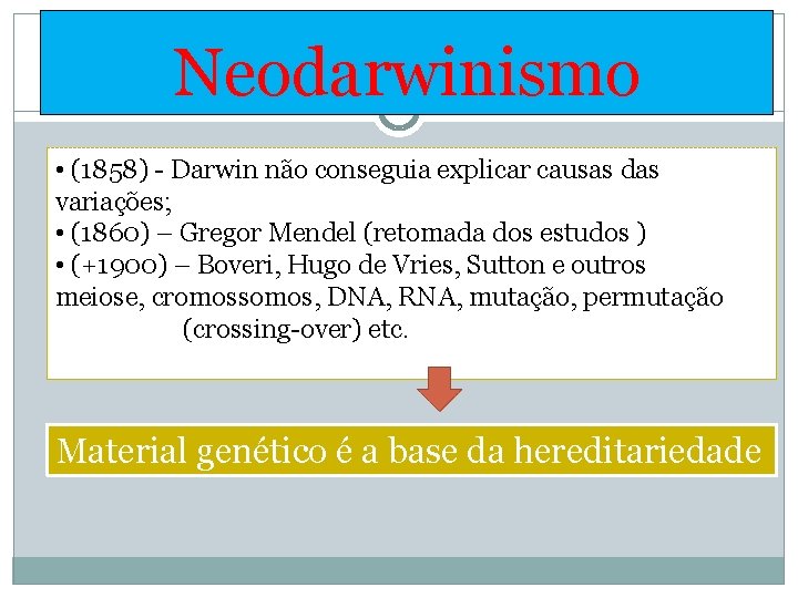 Neodarwinismo • (1858) - Darwin não conseguia explicar causas das variações; • (1860) –
