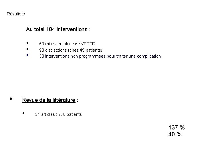 Résultats • Au total 184 interventions : • • 56 mises en place de