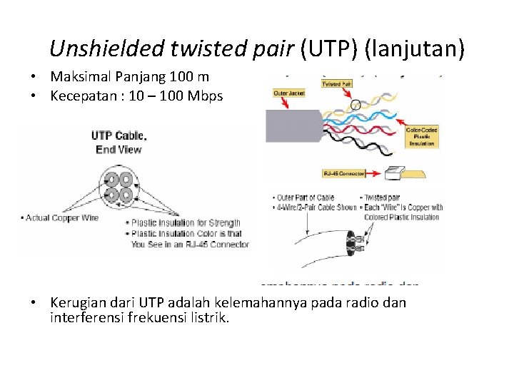 Unshielded twisted pair (UTP) (lanjutan) • Maksimal Panjang 100 m • Kecepatan : 10