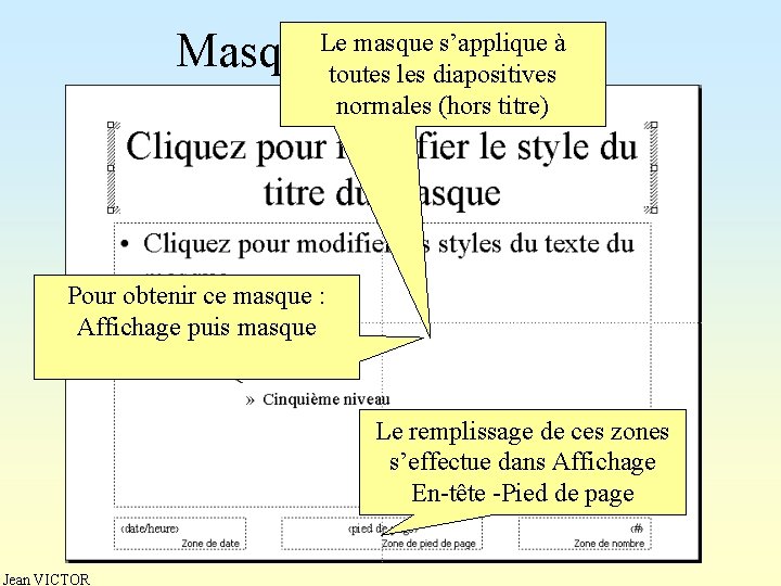Masque de diapositive Le masque s’applique à toutes les diapositives normales (hors titre) Pour