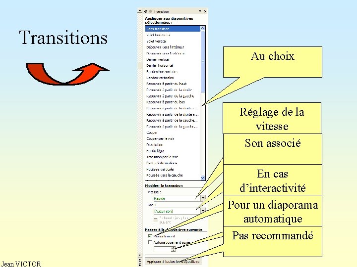 Transitions Au choix Réglage de la vitesse Son associé En cas d’interactivité Pour un