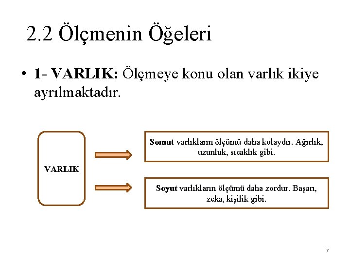 2. 2 Ölçmenin Öğeleri • 1 - VARLIK: Ölçmeye konu olan varlık ikiye ayrılmaktadır.