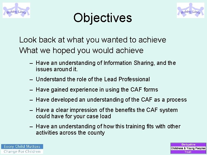 Objectives Look back at what you wanted to achieve What we hoped you would