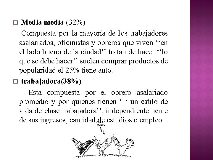 Media media (32%) Compuesta por la mayoría de los trabajadores asalariados, oficinistas y obreros