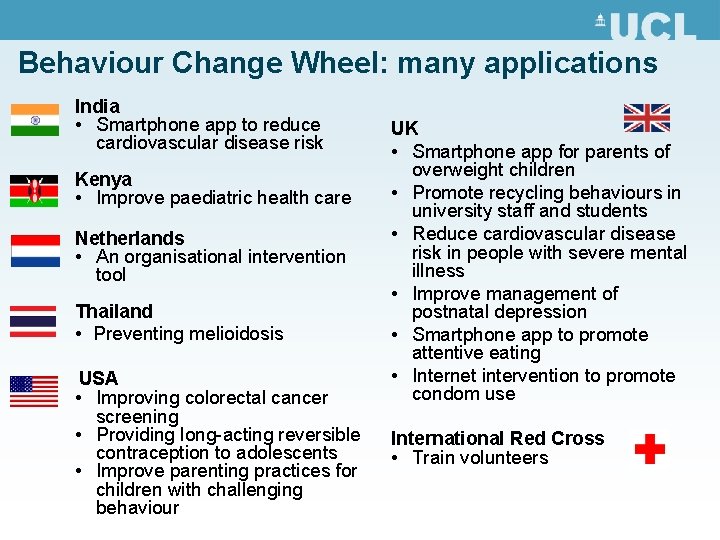 Behaviour Change Wheel: many applications India • Smartphone app to reduce cardiovascular disease risk