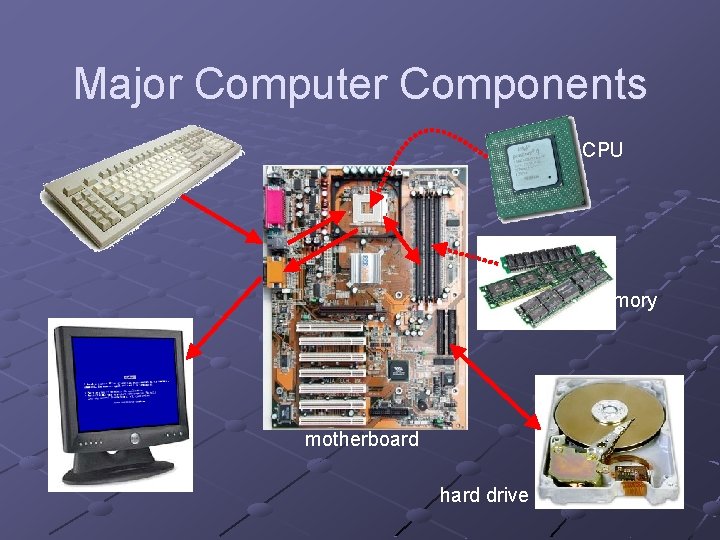 Major Computer Components CPU memory motherboard hard drive 