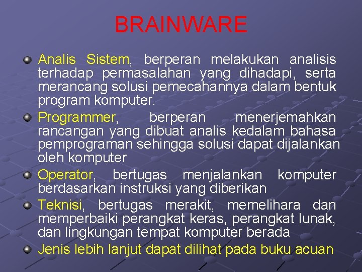 BRAINWARE Analis Sistem, berperan melakukan analisis terhadap permasalahan yang dihadapi, serta merancang solusi pemecahannya