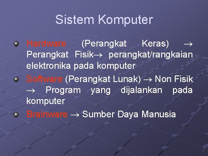 Sistem Komputer Hardware (Perangkat Keras) Perangkat Fisik perangkat/rangkaian elektronika pada komputer Software (Perangkat Lunak)