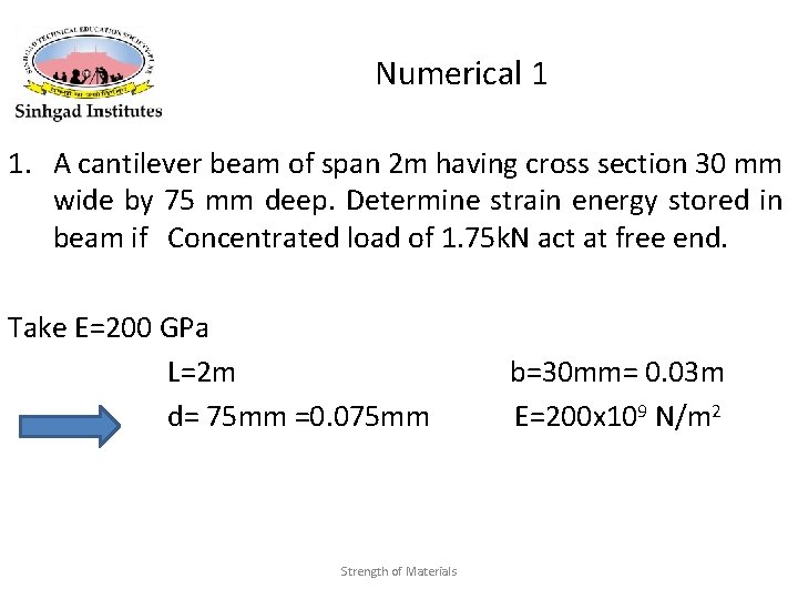 Numerical 1 1. A cantilever beam of span 2 m having cross section 30