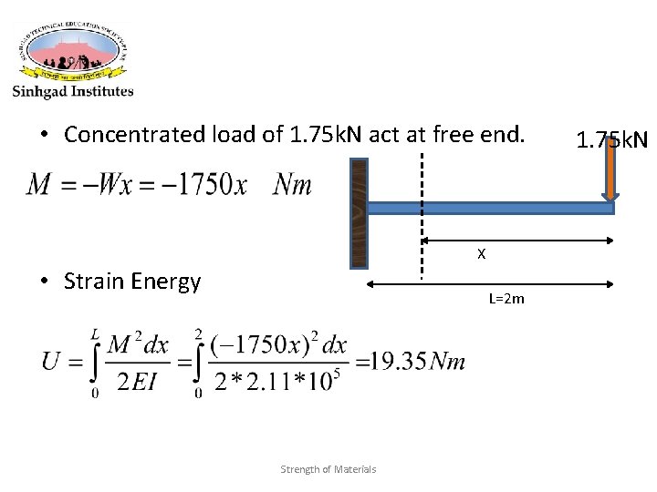  • Concentrated load of 1. 75 k. N act at free end. X