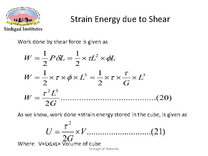 Strain Energy due to Shear Work done by shear force is given as As