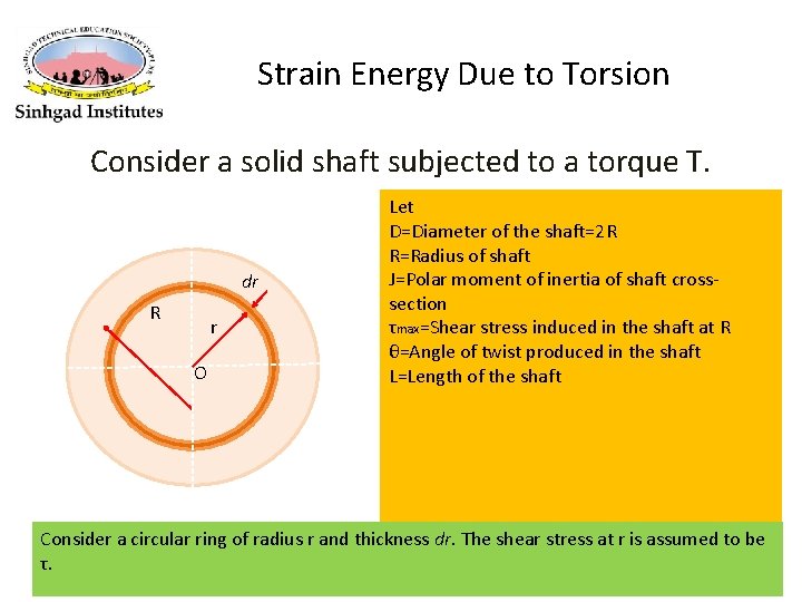 Strain Energy Due to Torsion Consider a solid shaft subjected to a torque T.