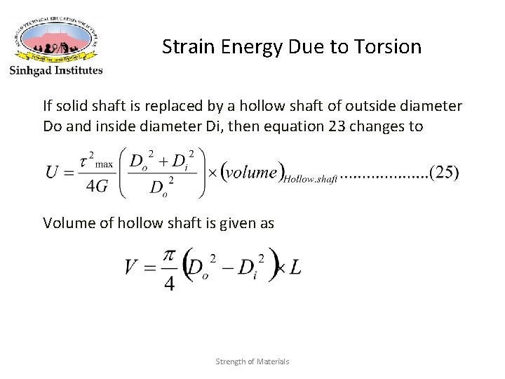 Strain Energy Due to Torsion If solid shaft is replaced by a hollow shaft