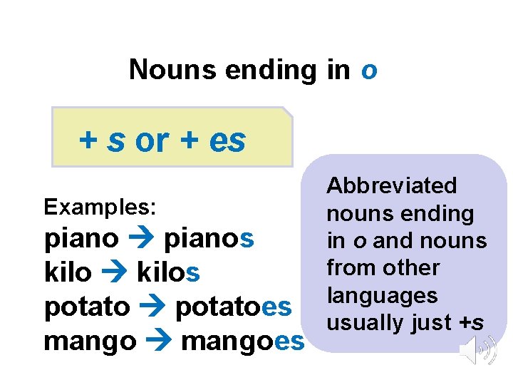 Nouns ending in o + s or + es Examples: pianos kilos potatoes mangoes
