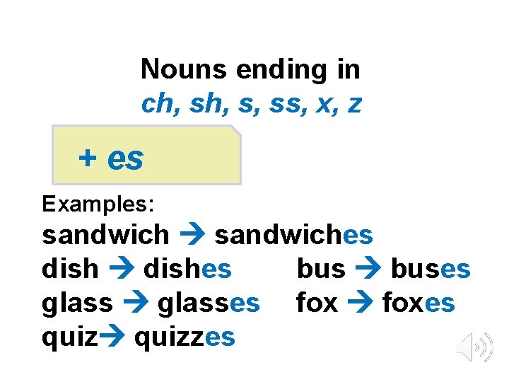 Nouns ending in ch, s, ss, x, z + es Examples: sandwiches dishes buses