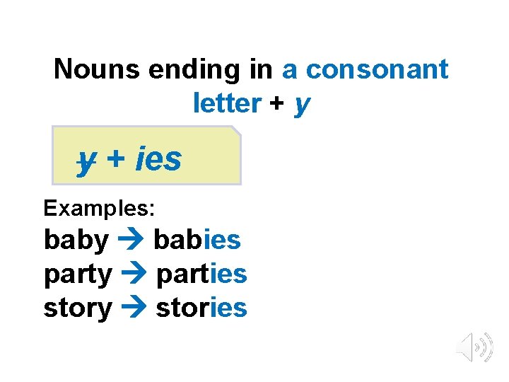 Nouns ending in a consonant letter + y y + ies Examples: baby babies