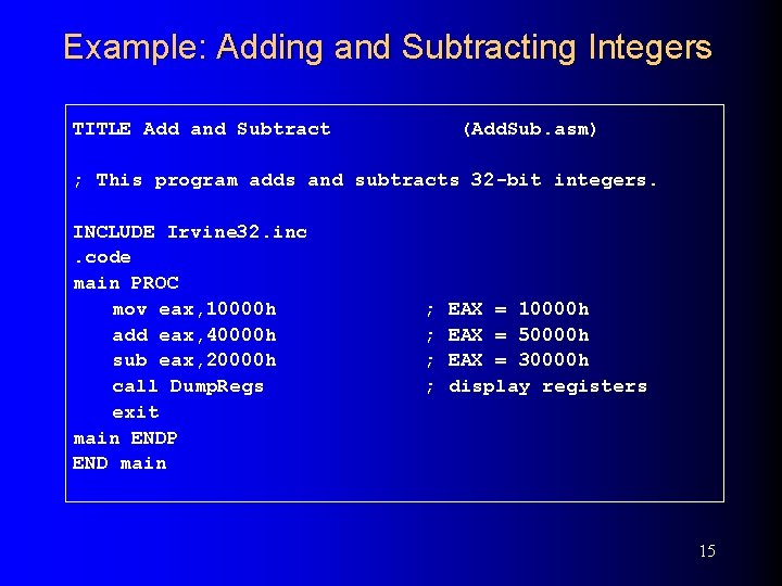 Example: Adding and Subtracting Integers TITLE Add and Subtract (Add. Sub. asm) ; This