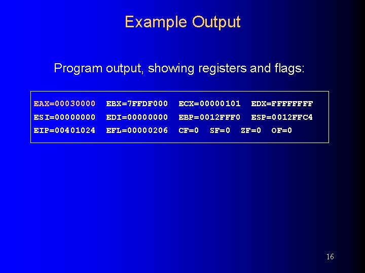Example Output Program output, showing registers and flags: EAX=00030000 EBX=7 FFDF 000 ECX=00000101 EDX=FFFF