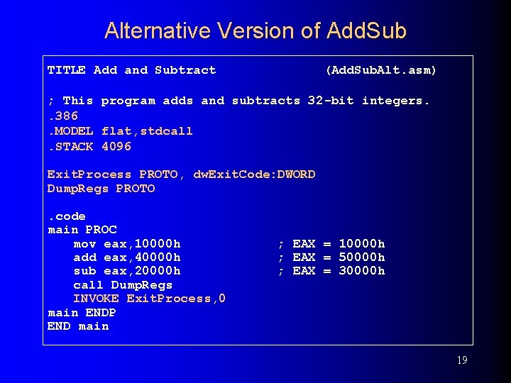 Alternative Version of Add. Sub TITLE Add and Subtract (Add. Sub. Alt. asm) ;