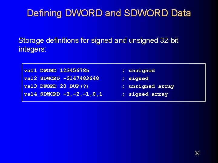 Defining DWORD and SDWORD Data Storage definitions for signed and unsigned 32 -bit integers: