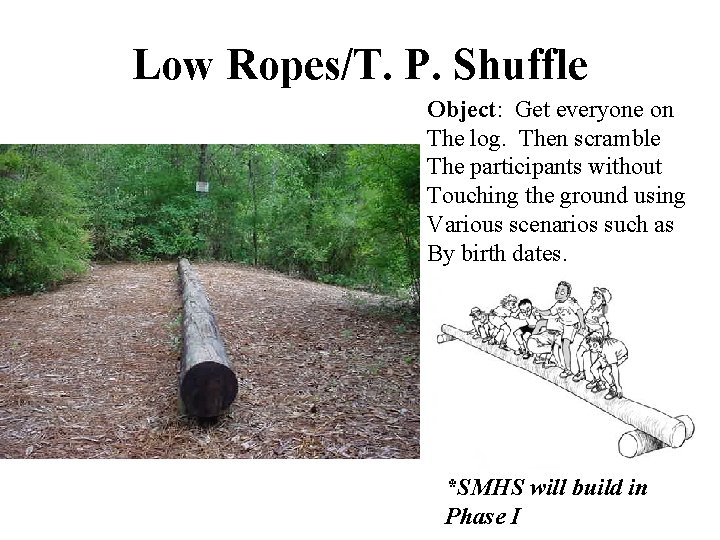 Low Ropes/T. P. Shuffle Object: Get everyone on The log. Then scramble The participants