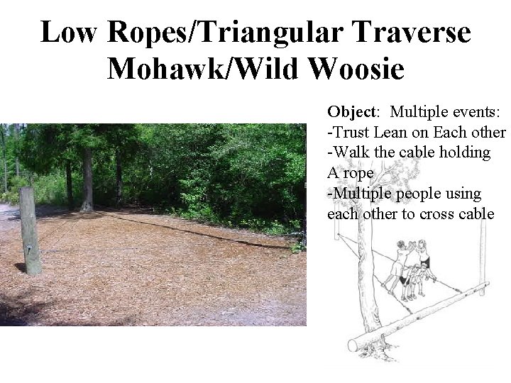 Low Ropes/Triangular Traverse Mohawk/Wild Woosie Object: Multiple events: -Trust Lean on Each other -Walk