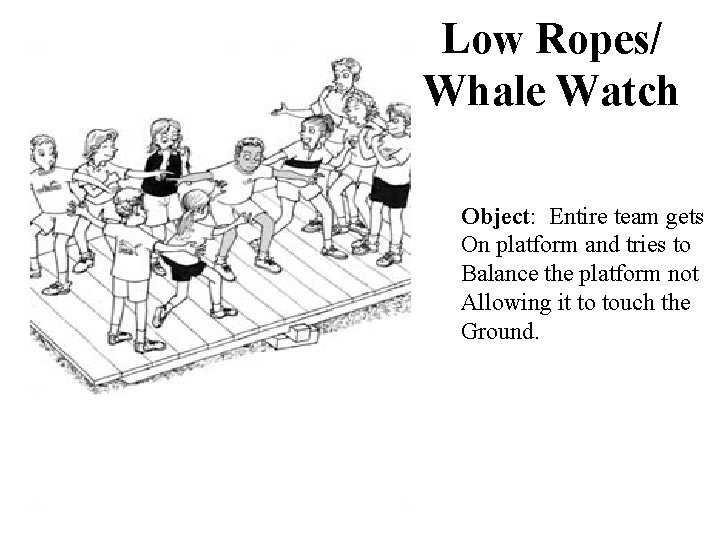 Low Ropes/ Whale Watch Object: Entire team gets On platform and tries to Balance