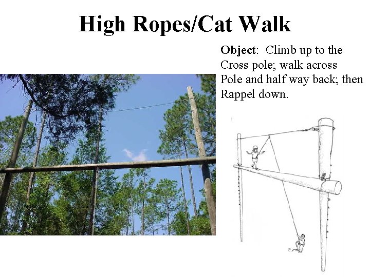 High Ropes/Cat Walk Object: Climb up to the Cross pole; walk across Pole and