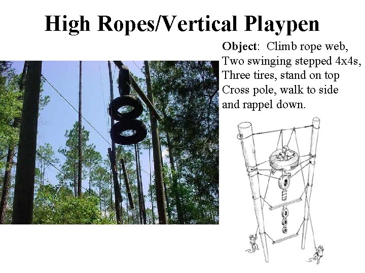 High Ropes/Vertical Playpen Object: Climb rope web, Two swinging stepped 4 x 4 s,