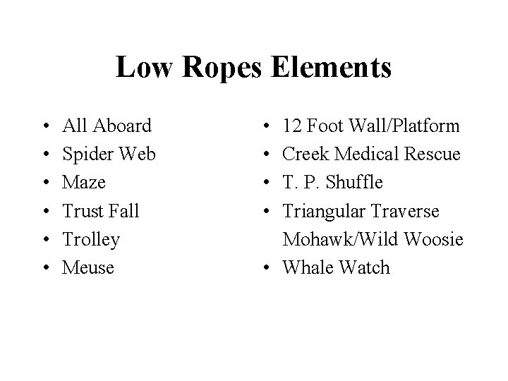 Low Ropes Elements • • • All Aboard Spider Web Maze Trust Fall Trolley