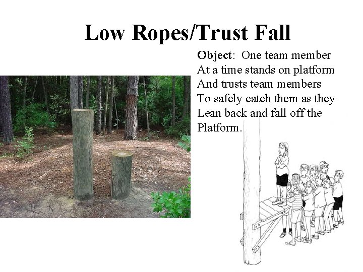 Low Ropes/Trust Fall Object: One team member At a time stands on platform And