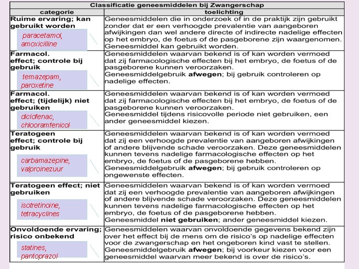 paracetamol, amoxicilline temazepam, paroxetine diclofenac, chlooramfenicol carbamazepine, valproinezuur isotretinoine, tetracyclines statines, pantoprazol 