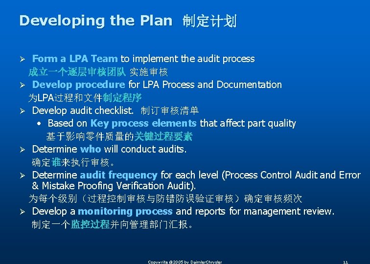 Developing the Plan 制定计划 Form a LPA Team to implement the audit process 成立一个逐层审核团队
