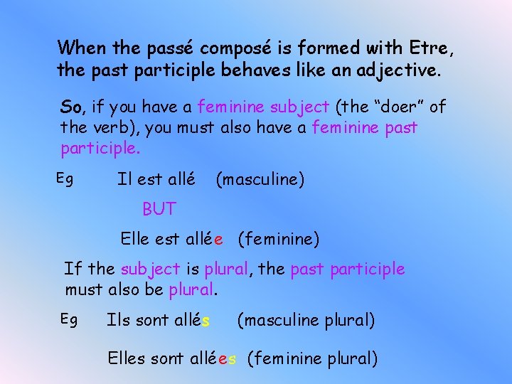 When the passé composé is formed with Etre, the past participle behaves like an
